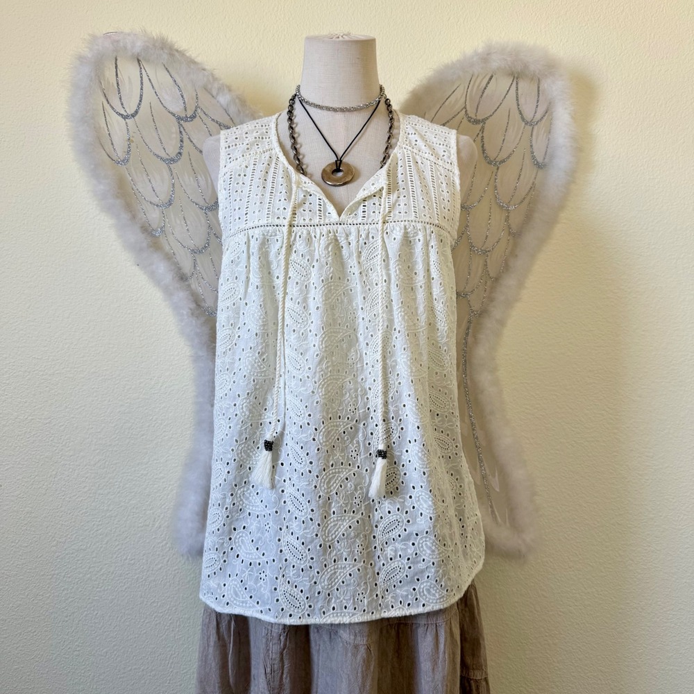 Mori Girl White Eyelet Paisley Sleeveless Blouse Top Babydoll‎ Cottagecore Boho